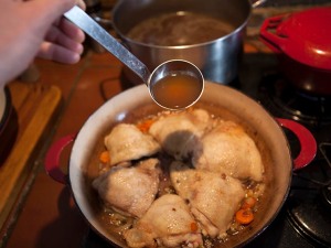 Remember - use the bare minimum of stock. This is not a stew. Rather the chicken steams/roasts in the vapour from the stock